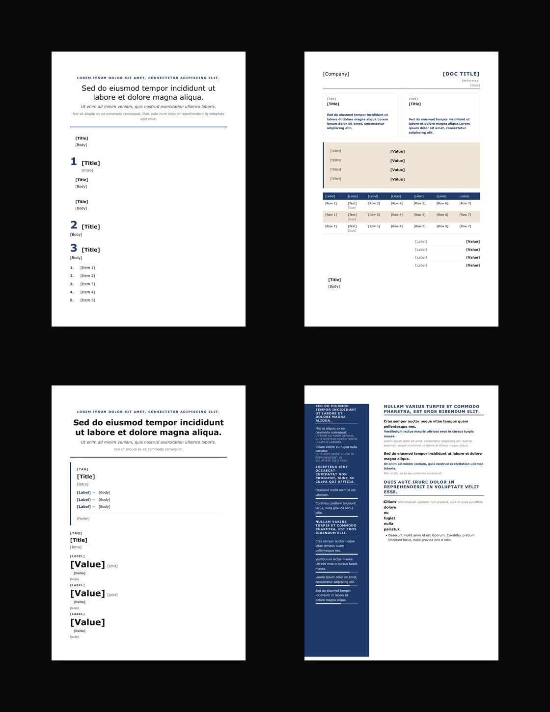 Four templates from the marketplace, rendered side by side — an NDA, a tax invoice, a progress report, and a CV. Each one fills the same way: the structure is the template; only the bracketed variables change.